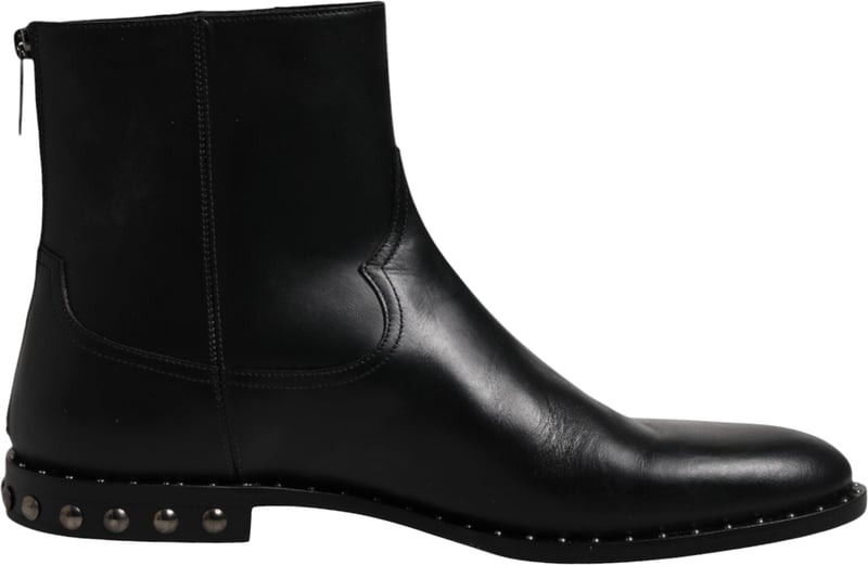 Dolce & Gabbana Black Leather Logo Ankle Boots Studded Shoes