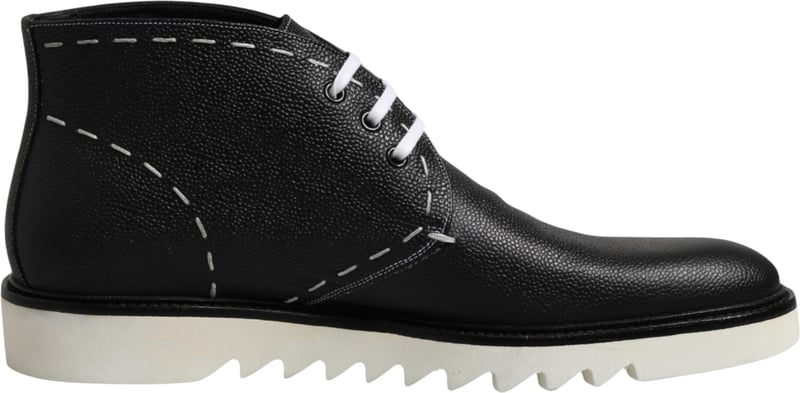 Dolce & Gabbana Black White Leather Ankle Boots Shoes