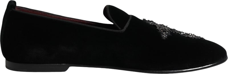 Dolce & Gabbana Black Velvet Embellished Loafer Slip On Shoes