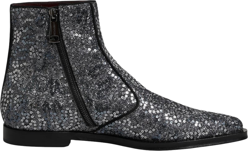 Dolce & Gabbana Dark Gray Cotton Sequined Chelsea Boots Shoes