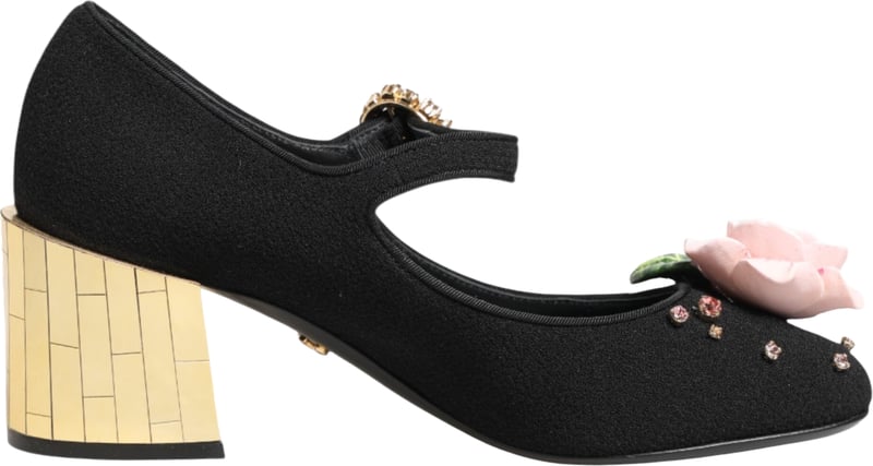 Dolce & Gabbana Black Flower Crystal Embellished Mary Jane Shoes
