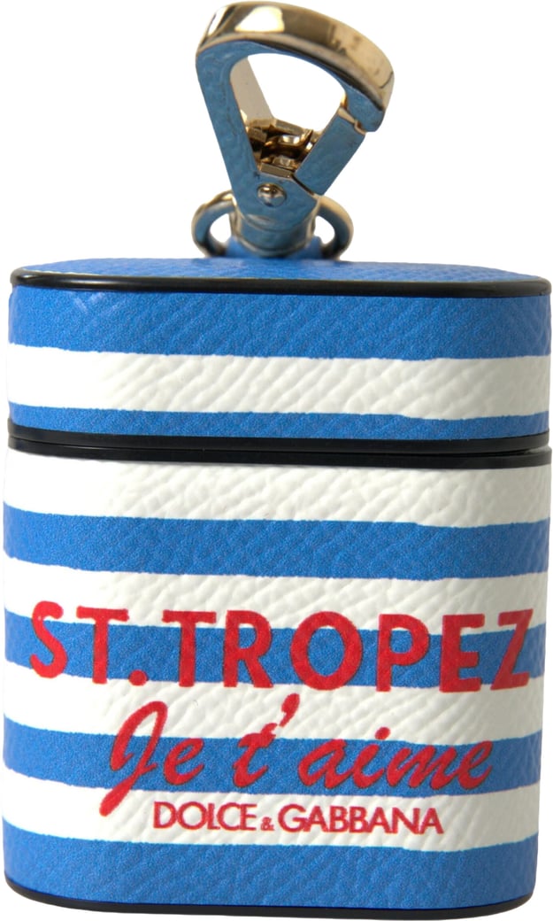 Dolce & Gabbana Blue Stripe Dauphine Leather Logo Print Airpod Case