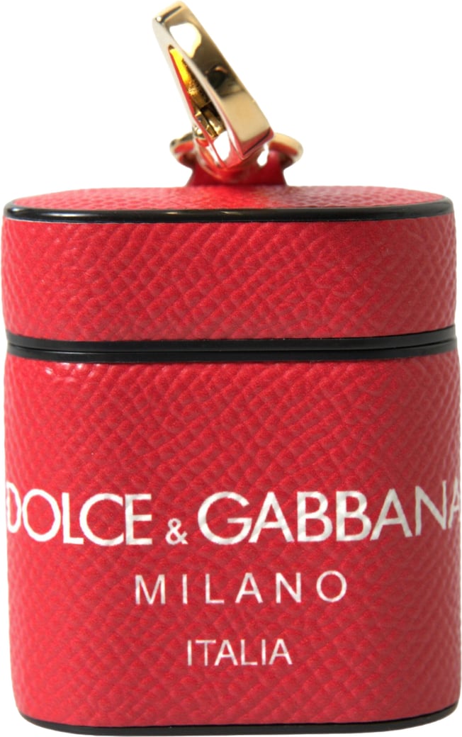 Dolce & Gabbana Red Leather Gold Tone Metal Logo Print Airpods Case