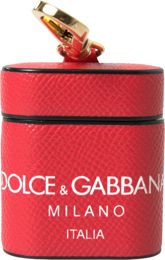 Dolce & Gabbana Red Leather Gold Tone Metal Logo Print Strap Airpods Case