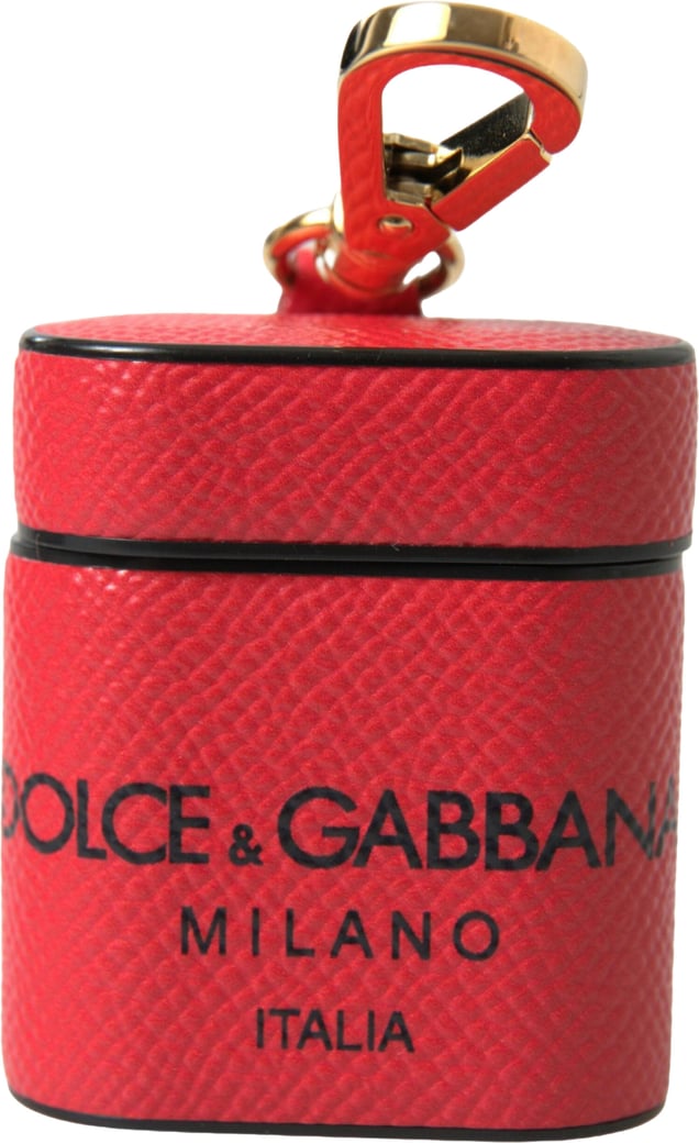 Dolce & Gabbana Red Black Calf Leather Logo Print Strap Airpods Case