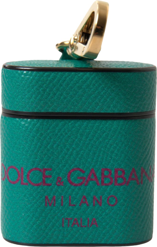 Dolce & Gabbana Green Maroon Calf Leather Logo Print Strap Airpods Case