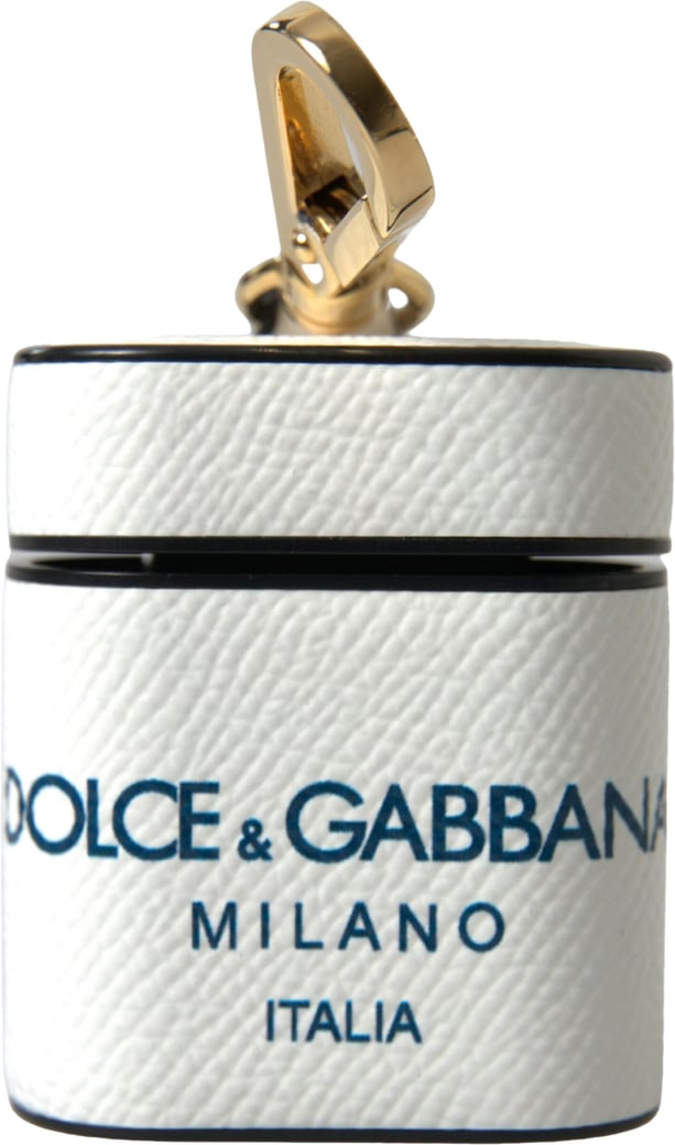Dolce & Gabbana White Blue Calf Leather Logo Print Strap Airpods Case