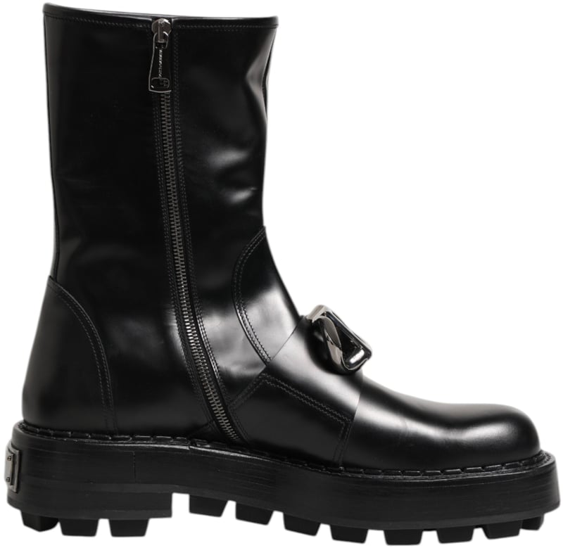 Dolce & Gabbana Black Logo Plaque Mid Calf Biker Boots Shoes