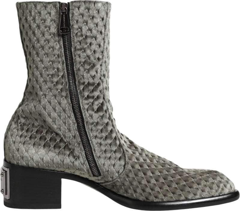 Dolce & Gabbana Gray Cotton Velvet Mid Calf Short Boots Shoes