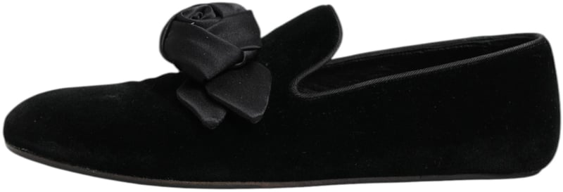 Dolce & Gabbana Black Suede Cotton Rose Slip On Loafers Shoes