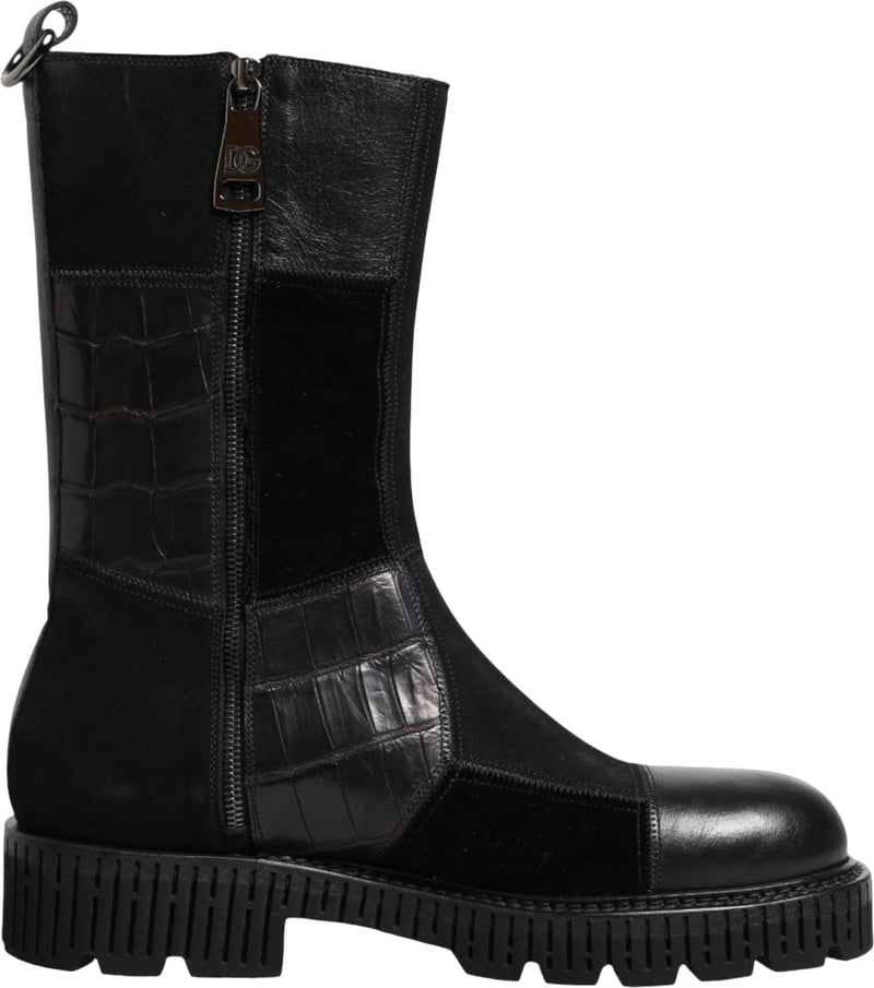 Dolce & Gabbana Black Patchwork Leather Mid Calf Boot Shoes