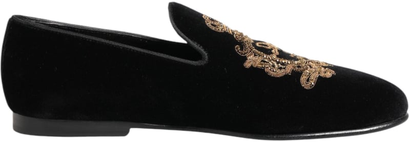 Dolce & Gabbana Black Velvet Gold Crown Mens Loafers Shoes