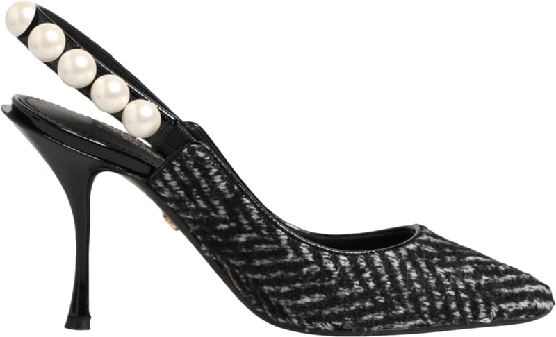 Dolce & Gabbana White Black Chevron Faux Pearl Slingbacks Shoes