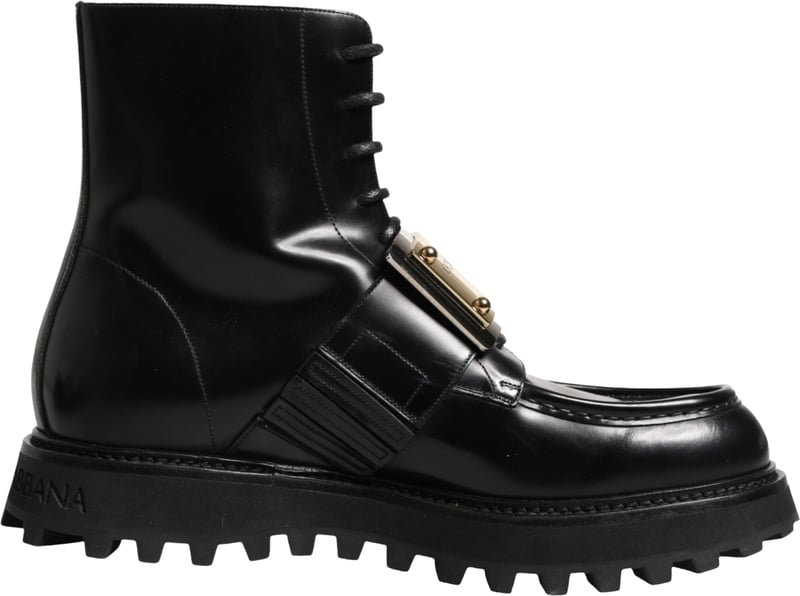 Dolce & Gabbana Black Leather DG Plaque Lace Up Boots Shoes