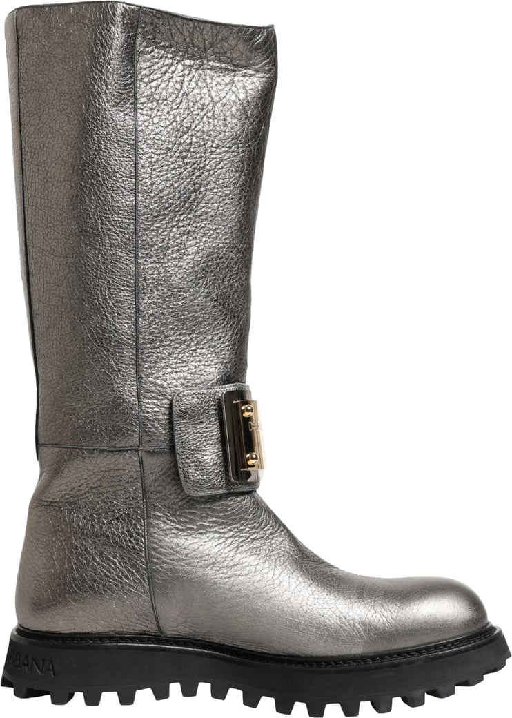 Dolce & Gabbana Metallic Silver Leather Mid Calf Boots Shoes