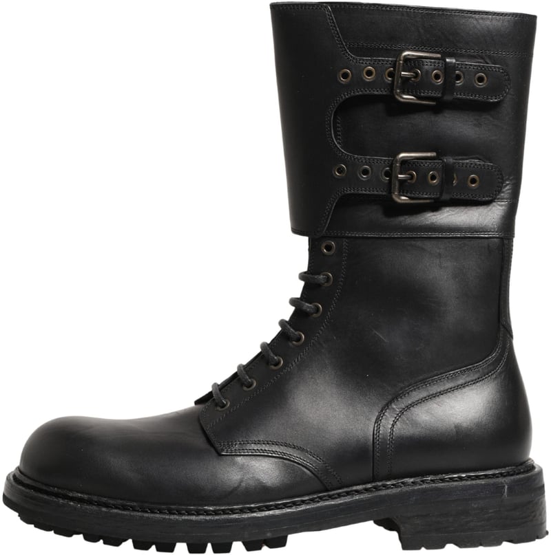 Dolce & Gabbana Black Leather Belted Buckle Combat Boots Shoes