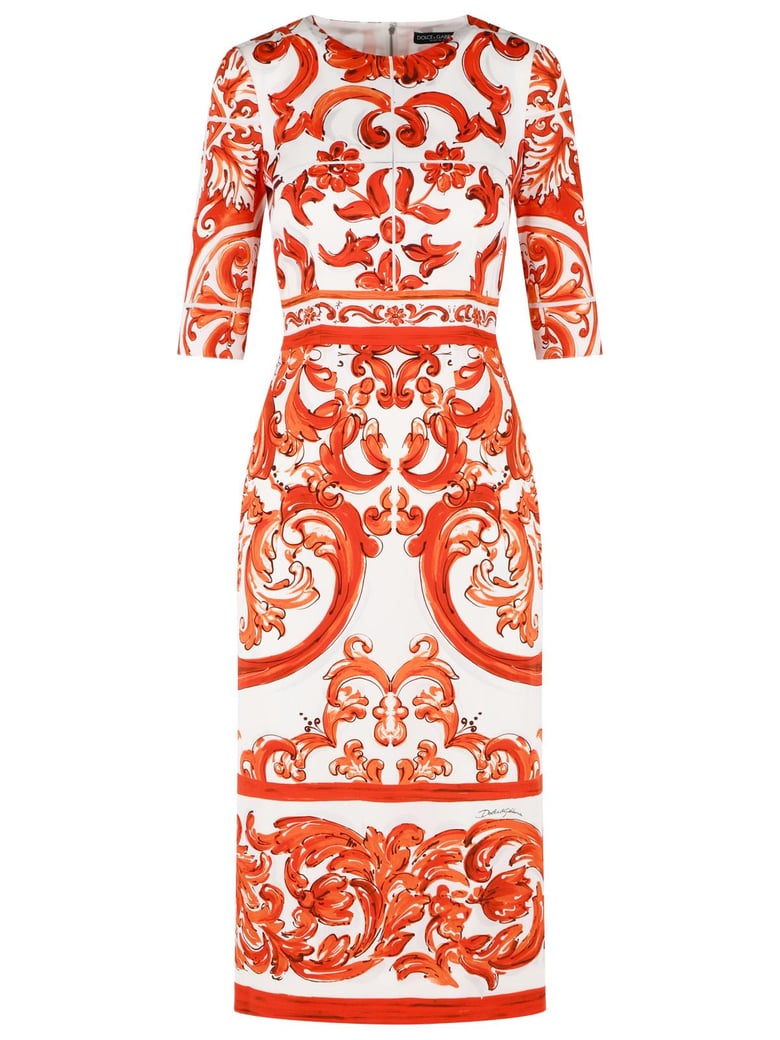 Baroque-Inspired Fitted Midi Dress with Three-Quarter Sleeves