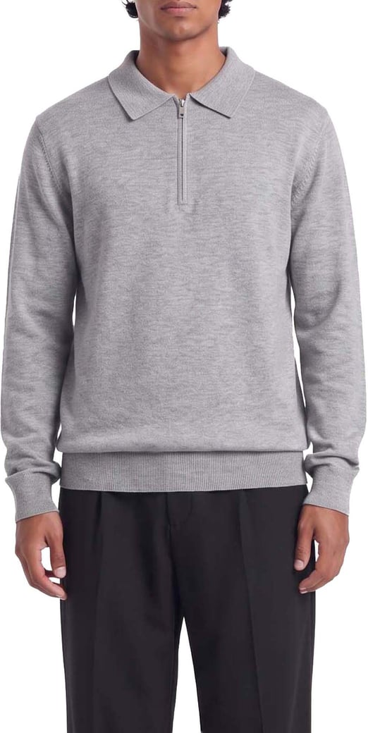 Ole | Fine Zip Polo Knit | Melange Grey
