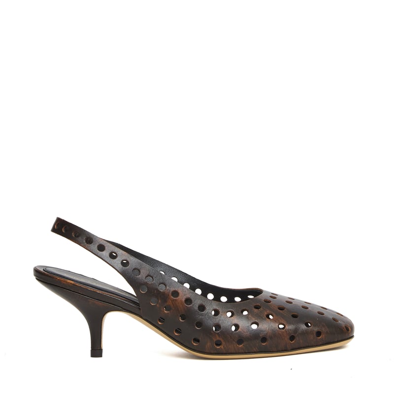 Perforated Leather Round Toe Slingback Pumps
