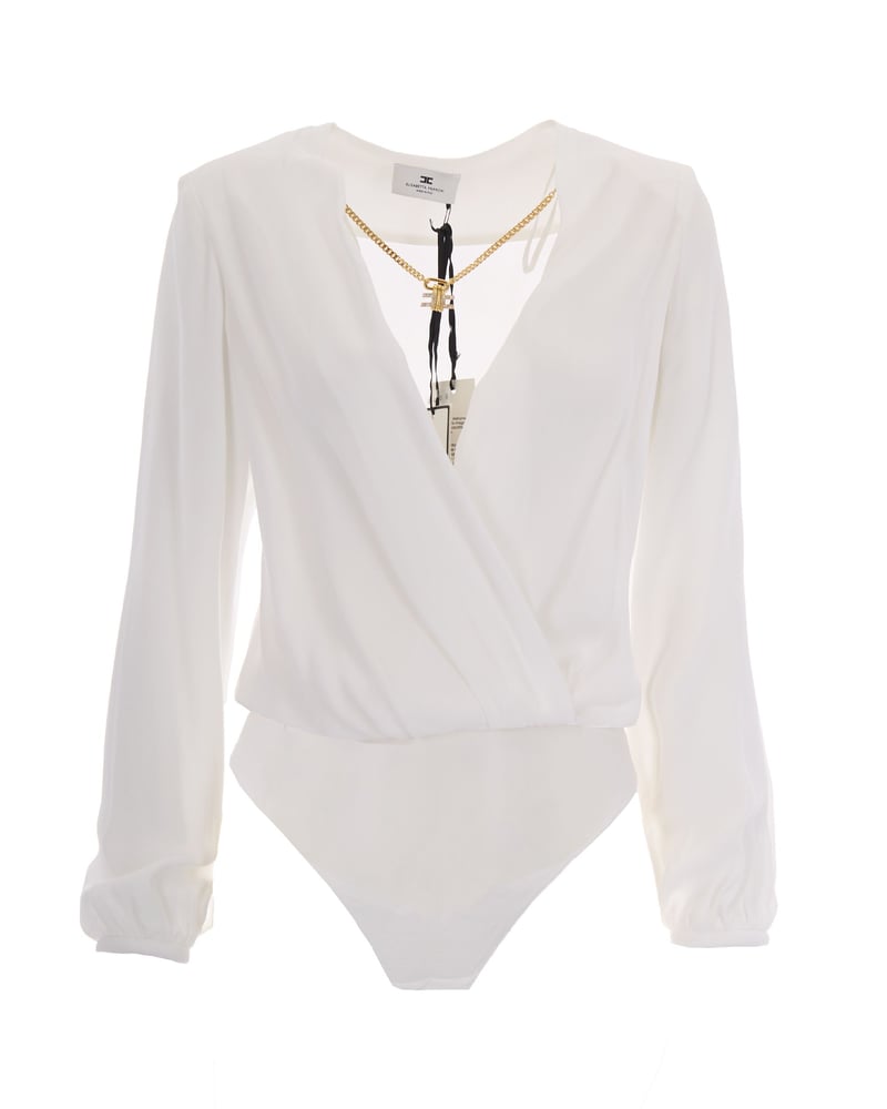 Long-Sleeved V-Neck Bodysuit with Structured Shoulders and Detachable Necklace