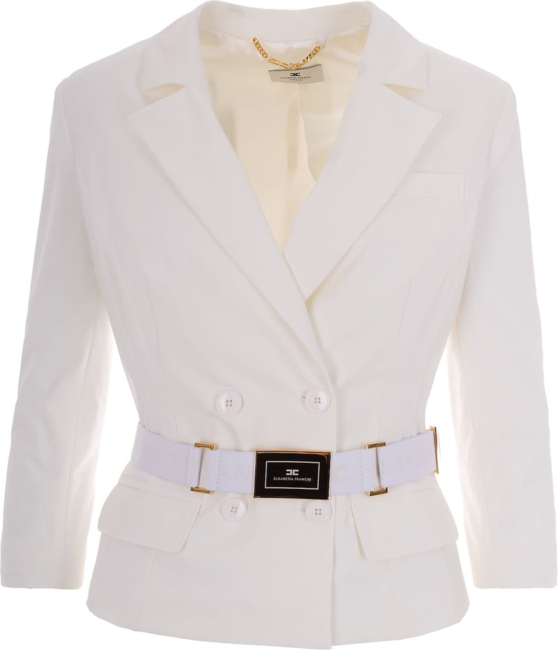 Ivory Bi-Elastane Blazer With Classic Lapel And Gold Accents