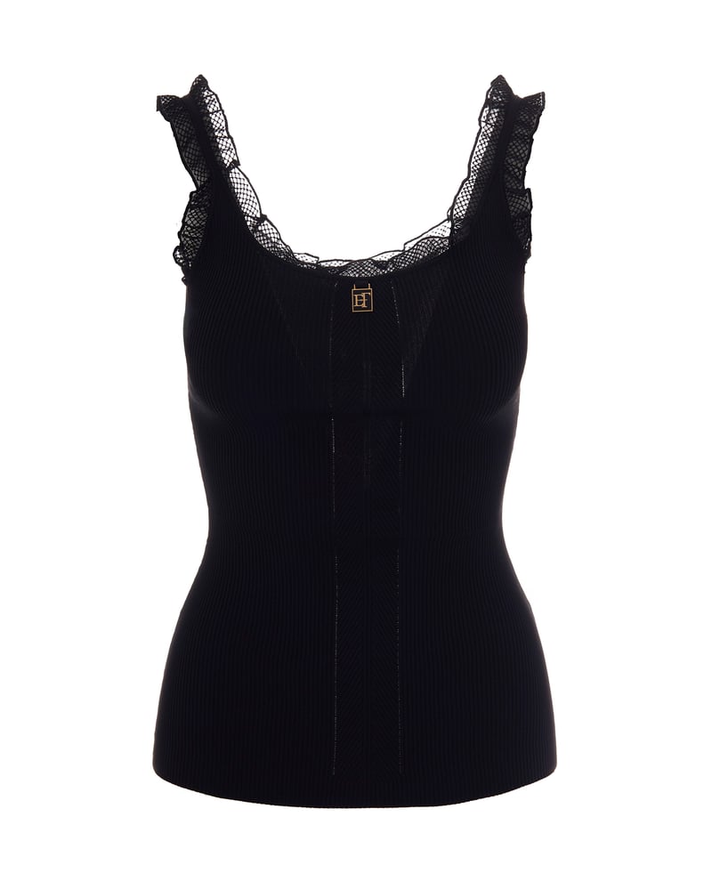 Slim-Fit Black Knit Top With Scalloped Lace Detail