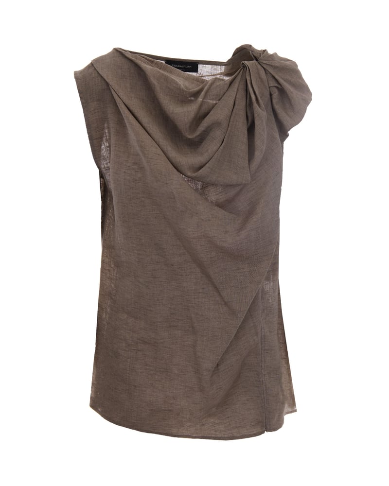 Sleeveless Linen Top with Draped Knot Detail and Subtle Zip Accent