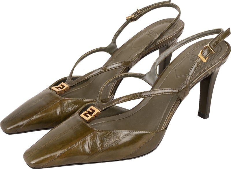 Fendi Olive Green Patent Leather FF Slingback Pumps (35)