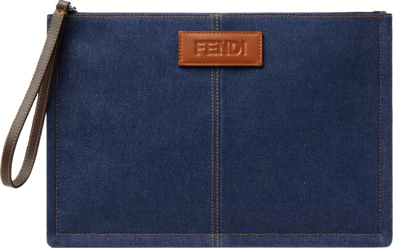 Fendi FF Medium Flat Pouch Dark blue denim fabric pouch