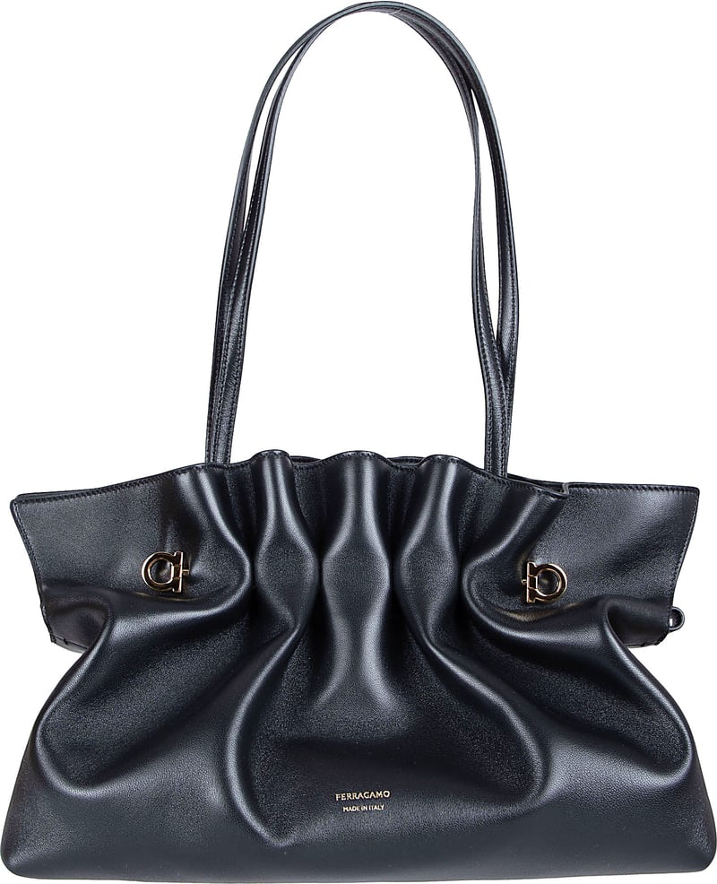 Ruched Black Handbag in Soft Lamb Leather