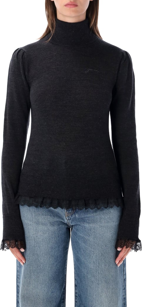 Merino High Neck Lace Details Phantom Black