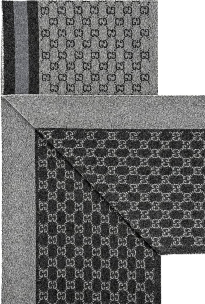 Gucci Monogram Grey Wool Scarf with Fringe