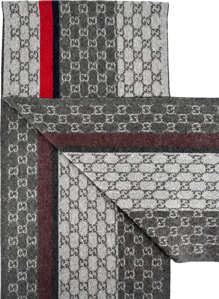 Gucci Monogram Grey Cashmere & Wool Scarf with Red & Black Stripe