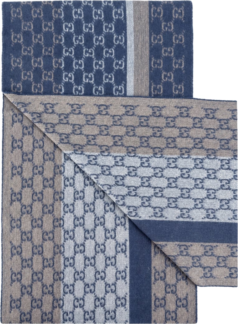 Gucci Monogram Blue Cashmere & Wool Scarf with Beige & Cream Fringe