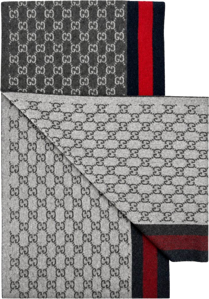 Gucci Monogram Charcoal Grey Cashmere & Wool Scarf with Red & Navy Stripe