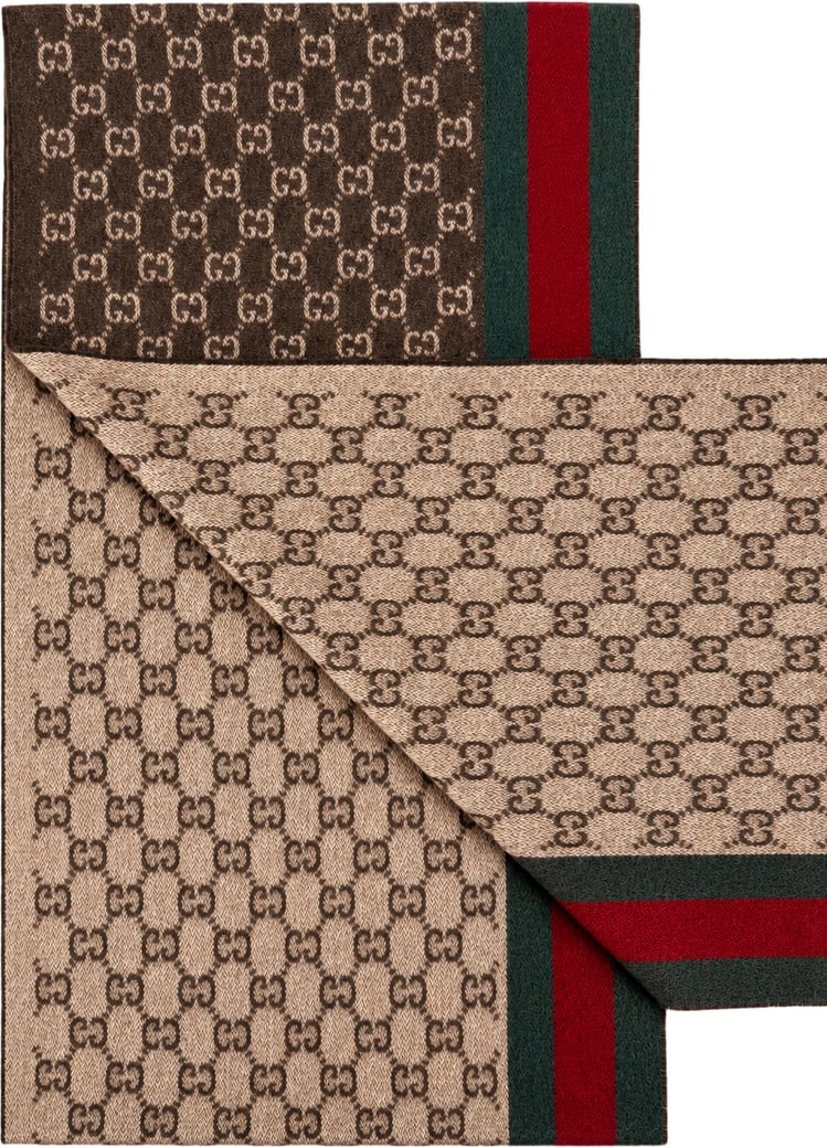 Gucci Monogram Brown Cashmere & Wool Scarf with Green & Red Web Stripe