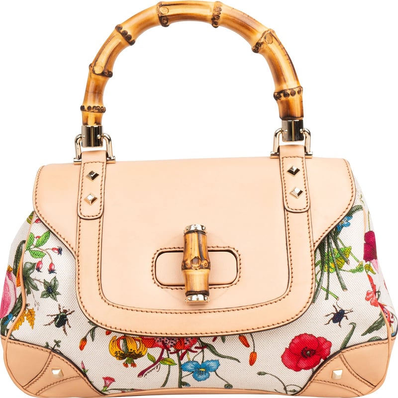 Gucci Rose Leather Flora Print Canvas Bamboo Top Handle Handbag