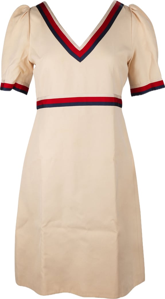Gucci Beige Web Stripe Web Trim V-Neck Dress (IT42)
