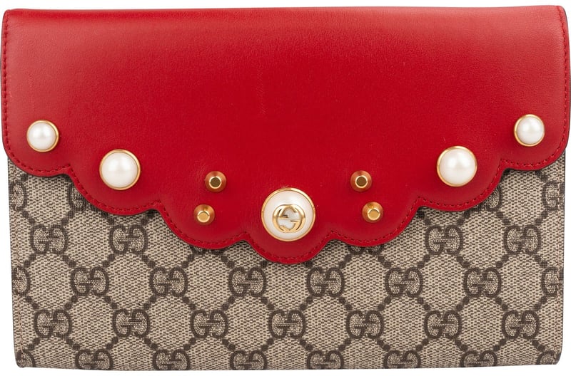 Gucci Monogram GG Supreme Pearl Studded Wallet Clutch