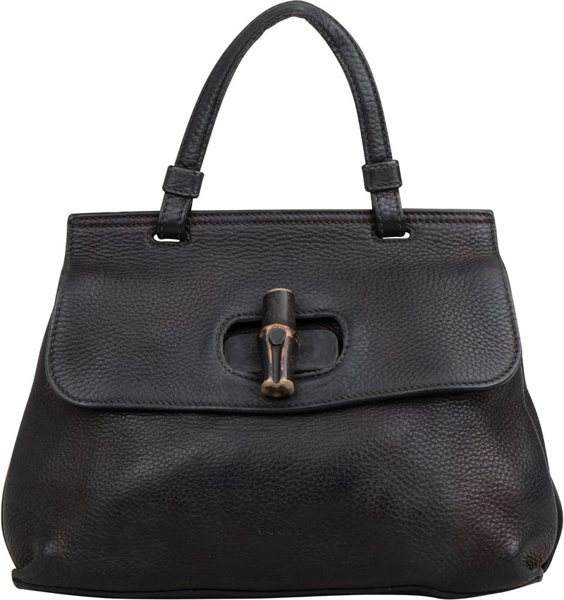 Gucci Black Pebbled Leather Bamboo Handbag