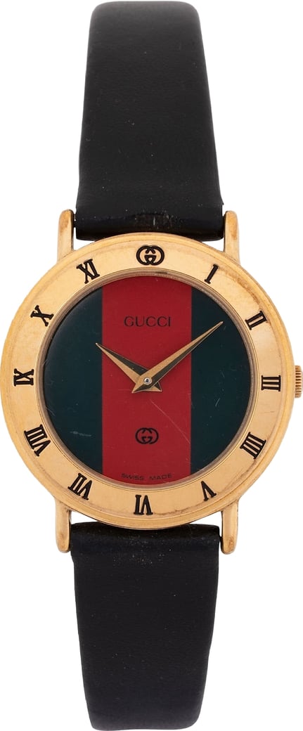 Gucci Gold Tone Black Leather Sherry Line Web 3000L Woman Watch