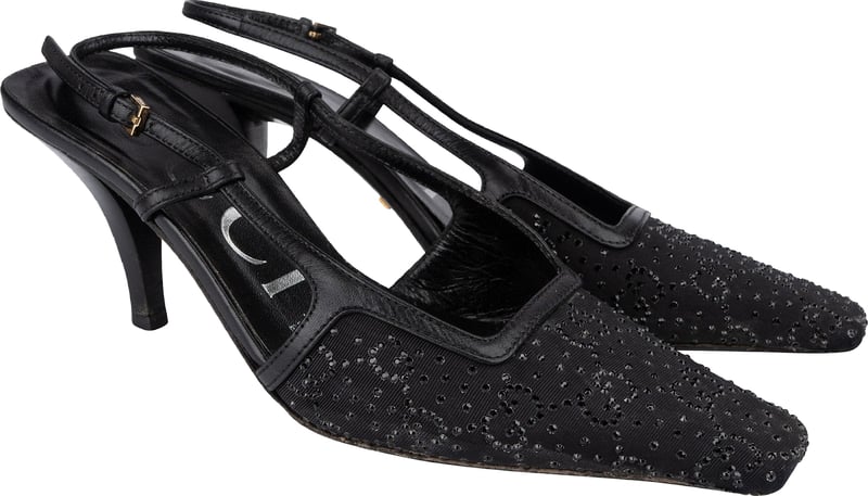 Gucci Leather Embelished Crystal Monogram GG Slingback Kitten Heels (35)