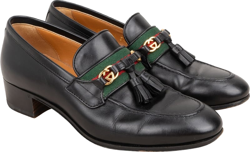 Gucci Black Brushed Leather GG Web Tassels Loafers (34,5)