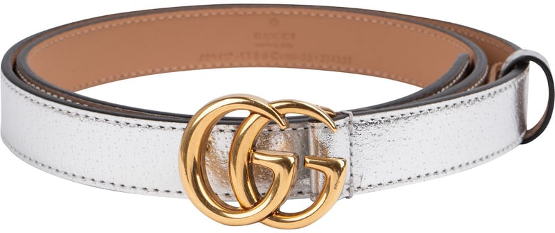 Gucci Silver Metallic Leather GG Marmont Thin Belt (80 / 32)