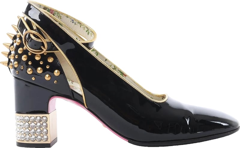 Gucci Caspar Patent Leather Strap Pumps in Black×Gold 492050, Size EU 38.5