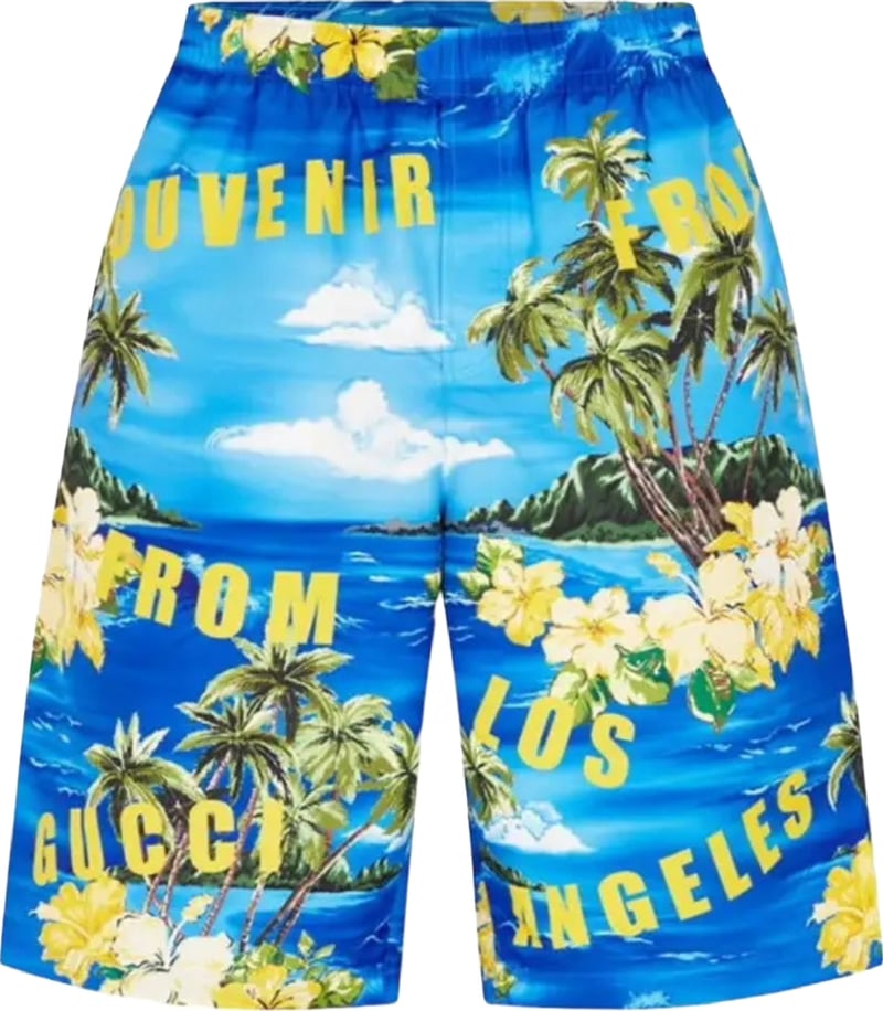 Gucci Poplin Printed Shorts Men's Swimshorts Blue Yellow
