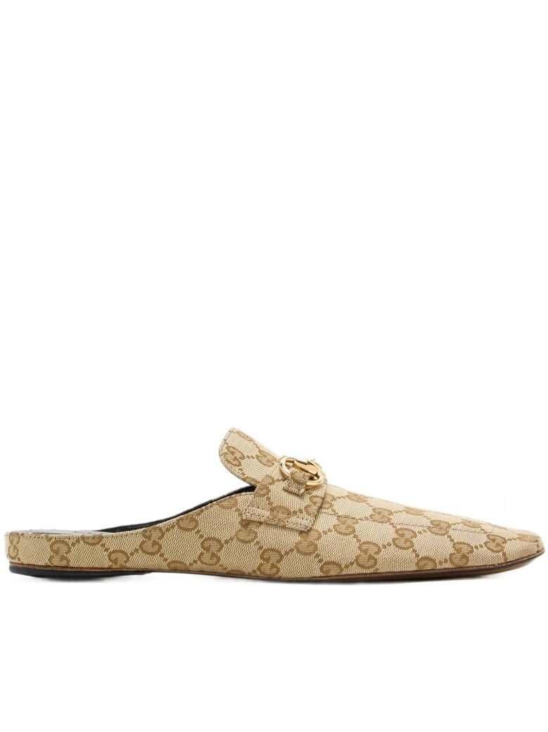 Slip-On Beige Canvas Mules With Monogram Pattern And Gold-Tone Horsebit