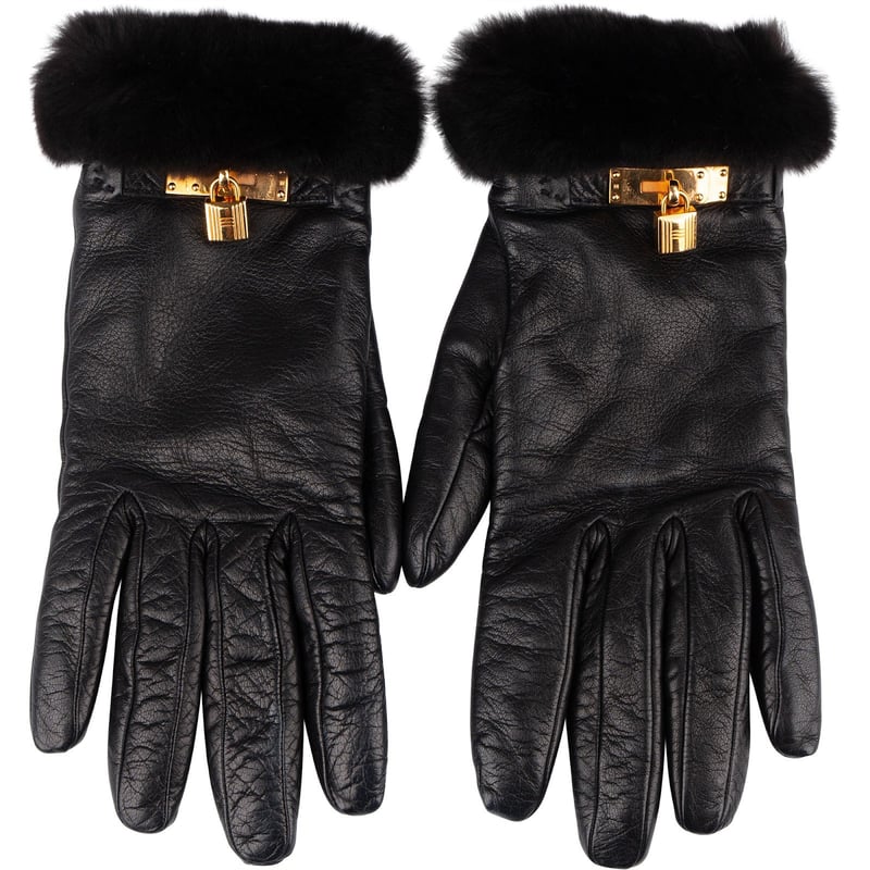 Hermès Black Leather and Fur Kelly Woman Gloves