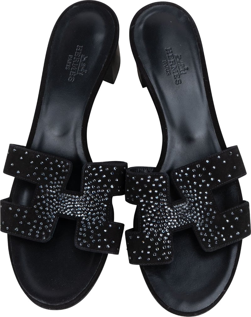 Hermès Special Edition Black Suede Crystal Oran Sandals (37)