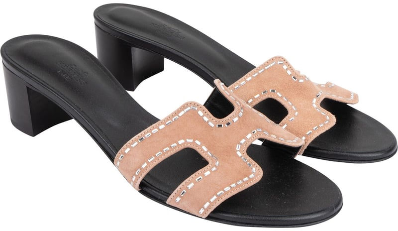 Hermès Black Leather Pink Beaded Suede Oasis Sandals (40)